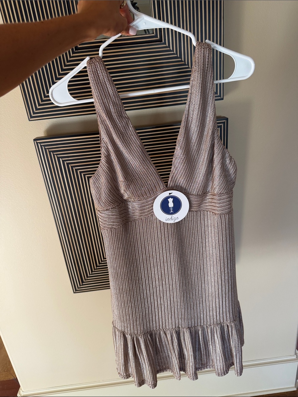 Indigo Shimmery Taupe Ribbed V-Neck Mini Dress TCEC medium new!